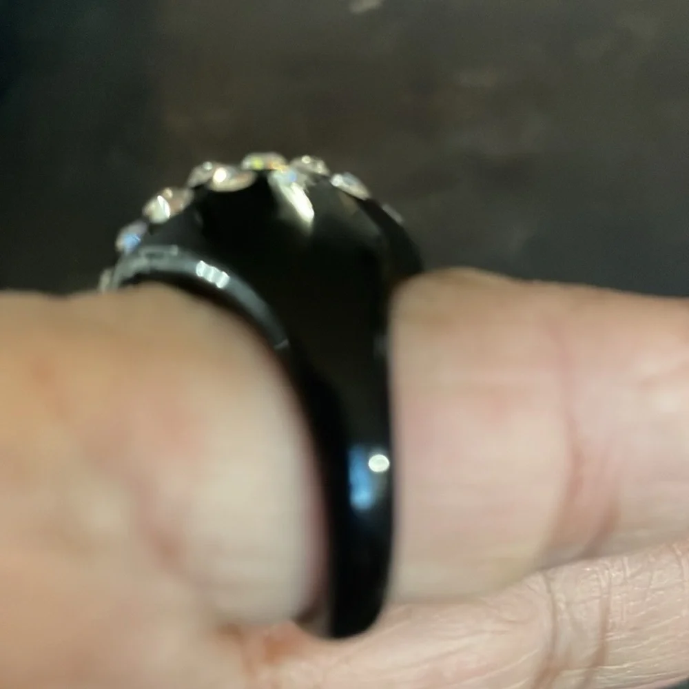 Vintage retro black lucite AB crystal dome ring